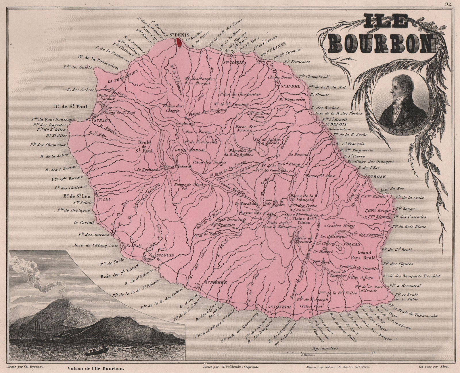 REUNION 'Ile Bourbon'. Piton de la Fournaise Parny Réunion. VUILLEMIN 1879 map